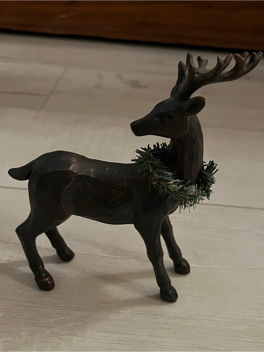 Rustic Brown Reindeer Holiday Figurine with Green Wreath